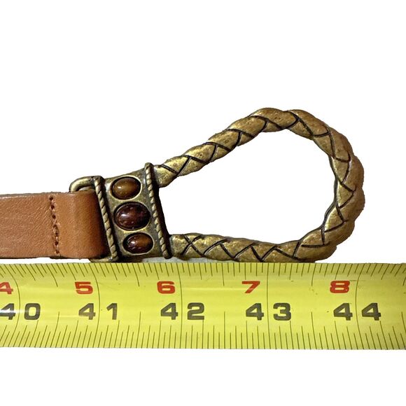CHICO\'S Leather & Brass Hook Buckle Belt Womens M/L Brown Gemstones Adjustable